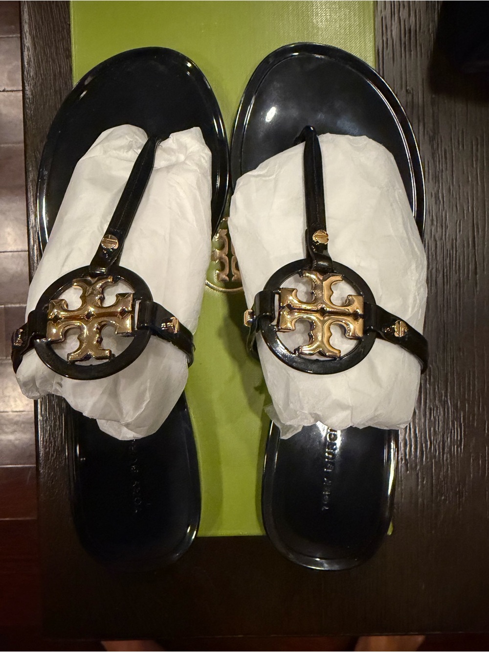 Tory Burch Black Patent Thong Sandals with Gold Logo Medallions